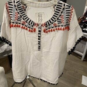 Johnny‎ Was Women's M Geometric Embroidered Tassel Trim Cotton Crepe Top White